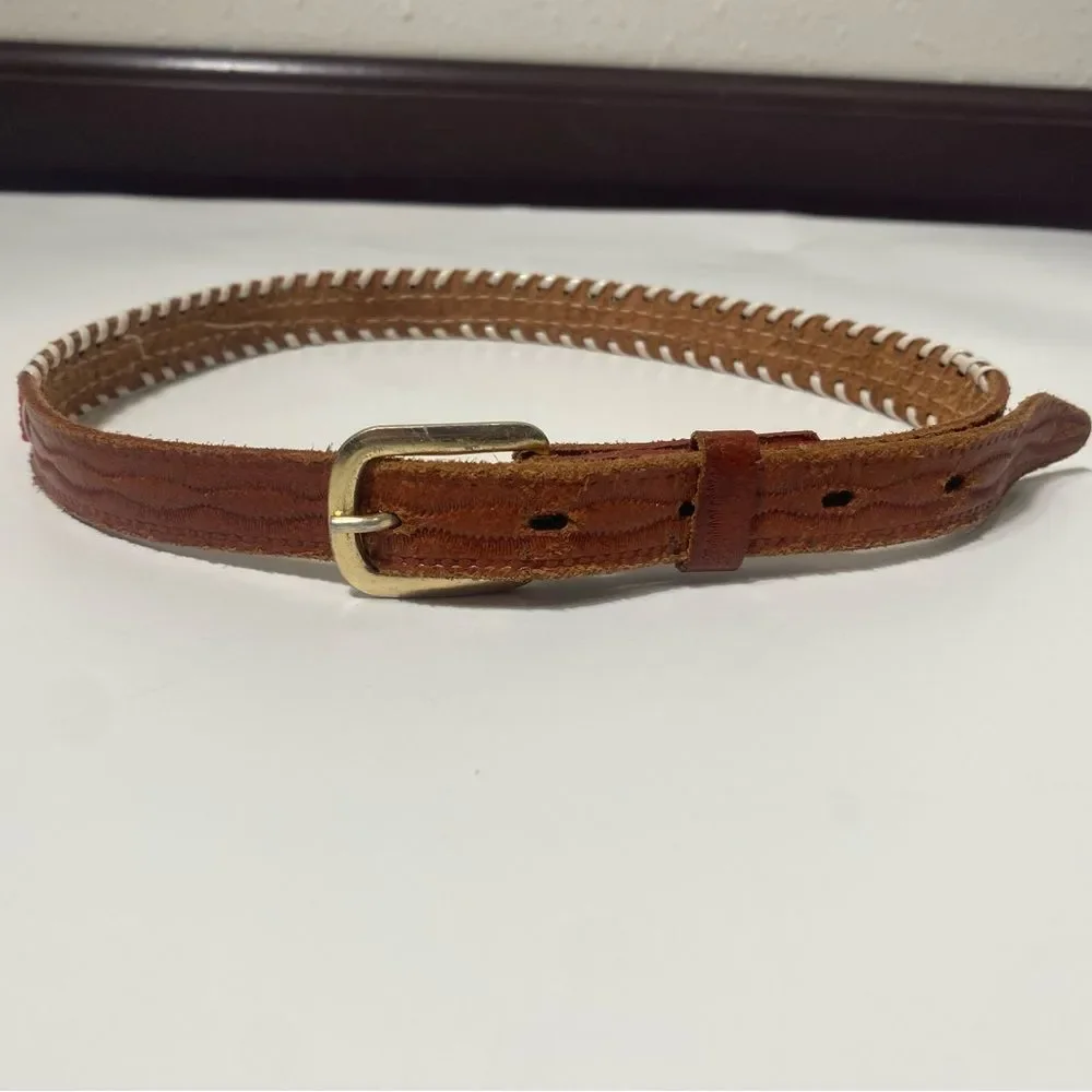 Vintage Genuine Cowhide Hand Beaded & Laced Aztec Tooled Leather Belt Size 24